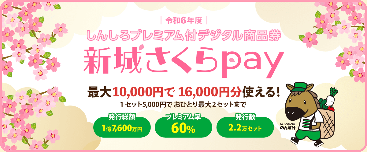 令和6年度　新城さくらpay　最大10,000円で16,000円分使える！1セット5,000円でおひとり最大2セットまで　プレミアム率60％　発行総額1億7,600万円　発行数2.2万セット